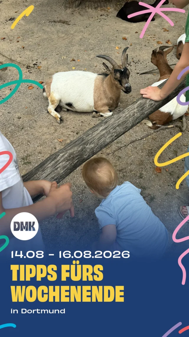 Die Ferien gehen weiter und auch in der vierten Ferienwoche gibt es wieder schöne Ideen für kleine und große Entdecker. Ob kreativ werden, hoch hinaus, Sommerfest oder ein entspannter Tag im Park, hier kommen unsere Tipps für ein abwechslungsreiches Familienwochenende in Dortmund und Umgebung.

Freitag, 14.08

* 09:00 bis 14:00 Uhr, Ferienprogramm „Wildes Gärtnern“, @naturmuseum_dortmund 
* 11:00 bis 16:00 Uhr, „Hoch hinaus!“, @dasa_dortmund 

Samstag, 15.08

* Familienfest „100 Jahre Freibad Wellinghofen“, @djkewaldiaplerbeck 
* 14:00 bis 22:00 Uhr, Summersounds DJ-Picknick, Wiese an der Westfalenhalle
* Ab 11:00 Uhr, Mondos Ferien-Atelier „Experimente mit Lehm“, @mondo_mio_kindermuseum 

Sonntag, 16.08

* 11:00 bis 18:00 Uhr, Tag der offenen Höfe, @hof_luening 
* 13:00 bis 16:00 Uhr, Flohchen-Kinderflohmarkt, Westfalenpark
* „Bunt oder Blau“, Kinderfestival am Umschlagplatz @buntoderblau 
* 15:00 Uhr, „Die drei ??? – Toteninsel“, @filmnaechte_dortmund 
* Ab 11:00 Uhr, „Seid kreativ im Park“, Rombergpark, @welthaus_dortmund 
* 11:15 Uhr, Mitmach-Märchen-Morgen, @kindermuseum_adlerturm 

🚨Hinweis: Bitte prüft alle Veranstaltungen direkt beim Anbieter – kurzfristige Änderungen sind möglich.

👉 Für mehr Tipps und Familieninspiration in Dortmund: @dortmundmitkind
