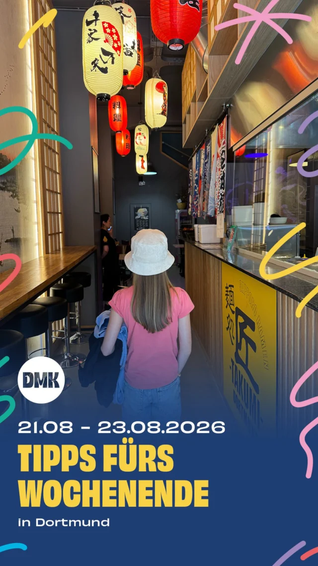Die fünfte Ferienwoche ist da und auch dieses Wochenende gibt es wieder einige schöne Ideen für Familien. Ob Sommerfest, Flohmarkt, kreative Workshops oder ein gemütlicher Tag im Park, hier kommen unsere persönlichen Tipps für euch. 

Freitag, 21.08

* Ab 17:00 Uhr, Familien-Sommerfest, @hopfenundsalz 
* Ab 18:00 Uhr, Carcassonne-Turnier, @welthaus_dortmund 
* Ab 11:00 Uhr, „KONSUM – Alltagsdinge zwischen Nutzen, Sehnsucht und Überfluss“, @mkk_dortmund 
* Ab 13:30 Uhr, „unSICHTBAR verbunden. Im Boden.“, @mondo_mio_kindermuseum 
* 16:30 bis 18:00 Uhr, Eltern-Kind-Spielenachmittag, @stlbdortmund 

Samstag, 22.08

* 14:00 bis 22:00 Uhr, Summersounds DJ-Picknick, Phoenix West
* Auch am 23.08., Heidemarkt im Rombergpark
* 10:00 bis 14:00 Uhr, Ferienworkshop „Strandkunst – Urbaner Urlaub ums U“, @museumostwall 
* 11:00 bis 16:00 Uhr, „Hoch hinaus!“, @dasa_dortmund

Sonntag, 23.08

* 11:00 bis 16:00 Uhr, Flohmarkt rund ums Kind, Gut Königsmühle @helpandhopestiftung 
* ab 11:00 Uhr Flohmarkt, Westpark
* Ab 14:30 Uhr, „Der Wunderweltenbaum“, @filmnaechte_dortmund 
* 11:00 bis 16:00 Uhr, Familienflohmarkt, Galopprennbahn Dortmund
* 14:00 bis 15:00 Uhr, Familienführung, @kindermuseum_adlerturm 

🚨Hinweis: Bitte prüft alle Veranstaltungen direkt beim Anbieter – kurzfristige Änderungen sind möglich.

👉 Für mehr Tipps und Familieninspiration in Dortmund: @dortmundmitkind